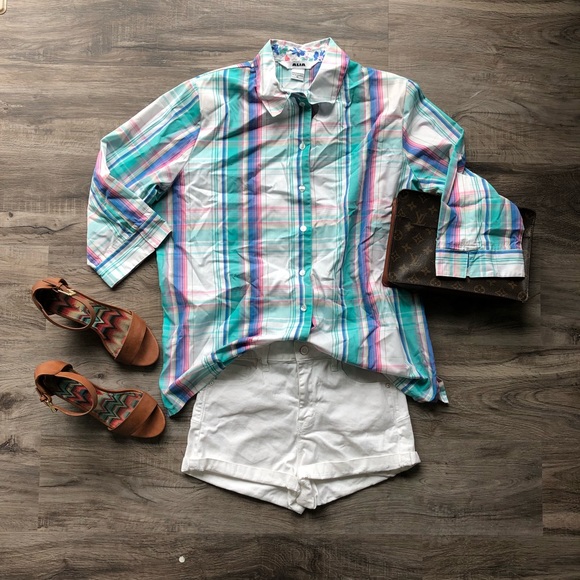 Vintage Alia Short Sleeve Plaid Button Up Shirt J - Picture 2 of 5